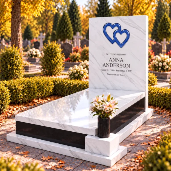 navy blue interlocking glass hearts set into the stone tablet of a headstone, view from the right
