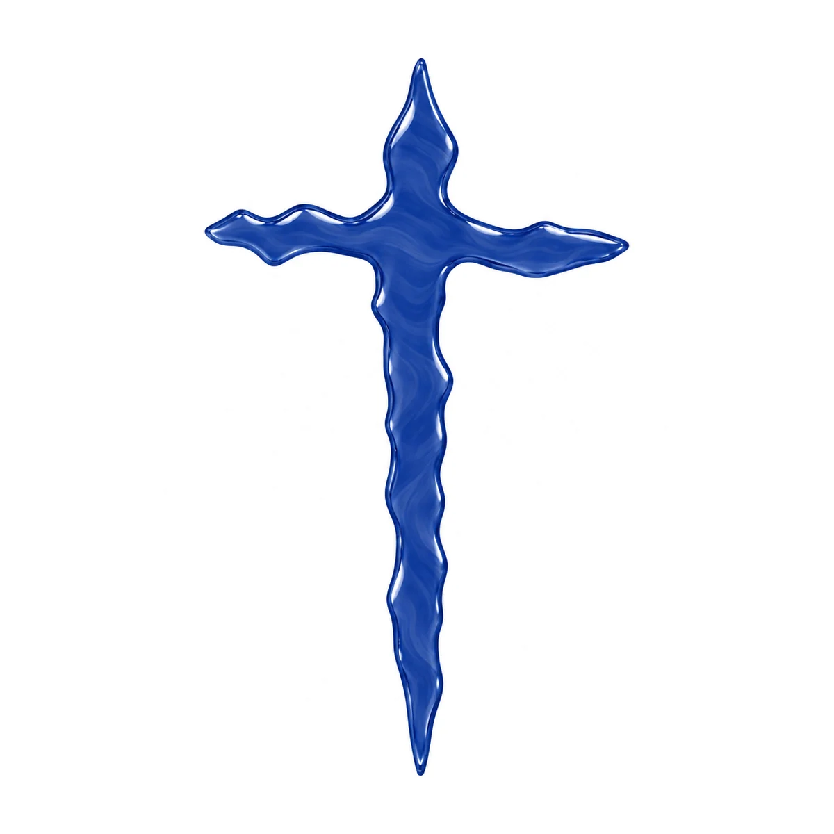 navy blue irregular glass cross for a headstone in slightly translucent kiln-fused glass, with paler swirls and wavy edges