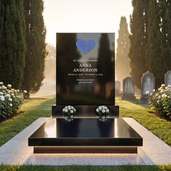navy blue split glass heart for a headstone set in a black granite headstone