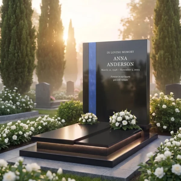 navy blue transparent glass strip for a headstone on a black granite headstone, angled view