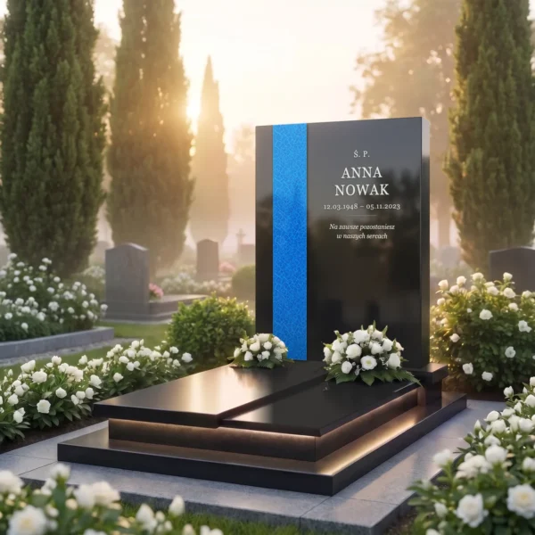 niebieska szklana listwa ozdobna na czarnym granitowym pomniku, widok pod kątem