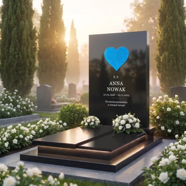 niebieskie szklane serce na czarnym granitowym pomniku, widok pod kątem
