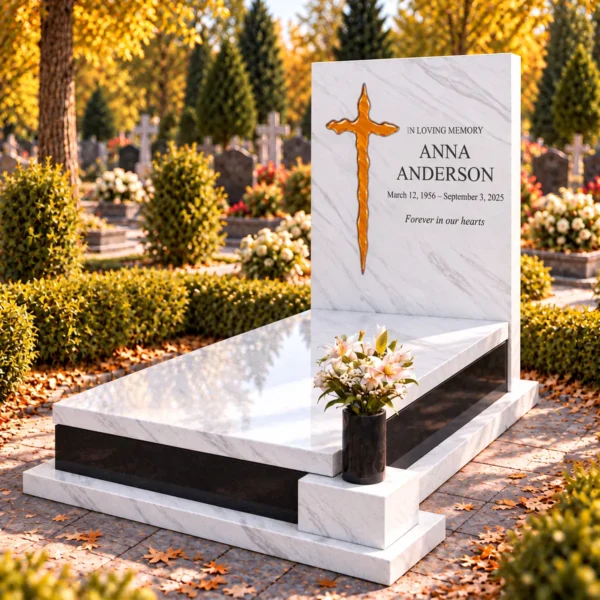 orange irregular glass cross bonded into the tablet of a white stone headstone beside the inscription, view from the right