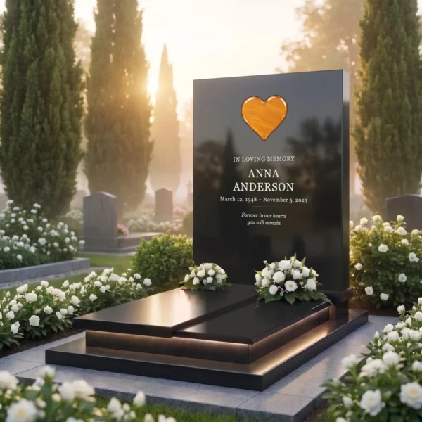 orange transparent glass heart for a headstone set in a black granite headstone, angled view