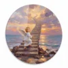 Panel decorativo redondo para la tumba de un niño con un angelito que sube la escalera al cielo sobre el mar al atardecer