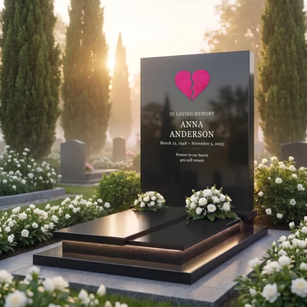 pink split glass heart for a headstone set in a black granite headstone, angled view