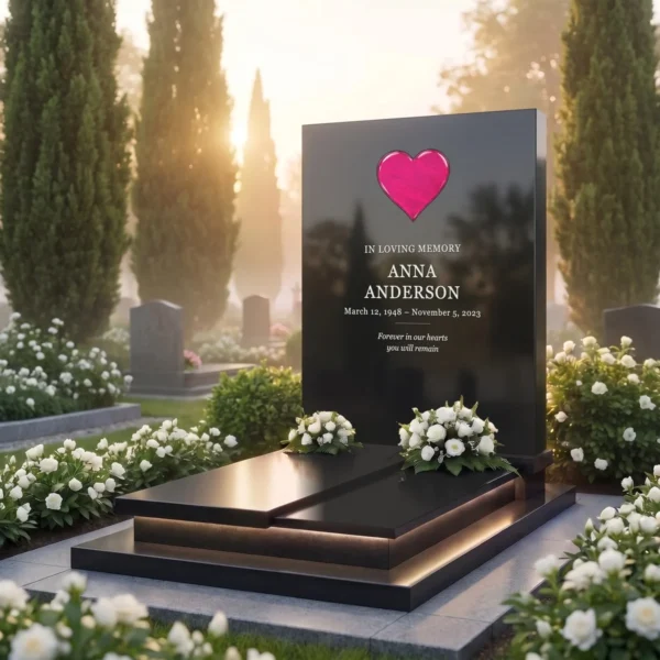 pink transparent glass heart for a headstone set in a black granite headstone, angled view