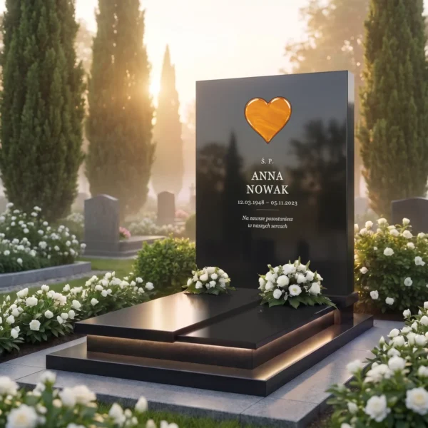 pomarańczowe przezroczyste szklane serce osadzone w płycie pomnika z czarnego granitu, widok pod kątem