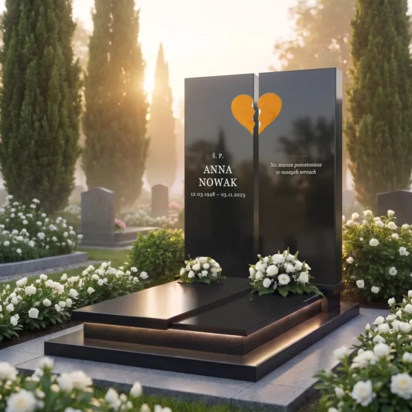 pomarańczowe szklane serce łamane na pomniku z dwóch płyt z czarnego granitu, widok pod kątem