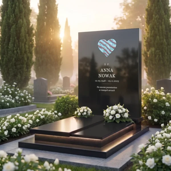 przezroczyste szklane serce w bordowe pasy osadzone w płycie pomnika z czarnego granitu, widok pod kątem