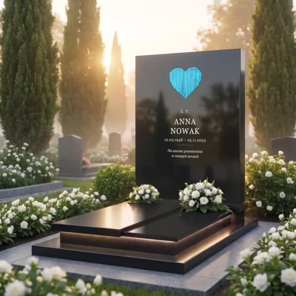 przezroczyste szklane serce turkusowe ze smugami osadzone w płycie pomnika z czarnego granitu, widok pod kątem