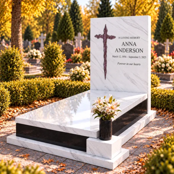 purple irregular glass cross with bubbles, bonded into the tablet of a white stone headstone beside the inscription, view from the right