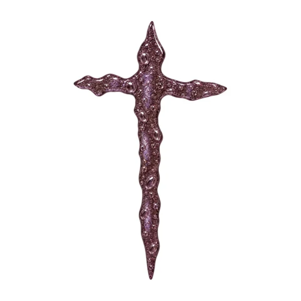 purple irregular glass cross with bubbles for a headstone in slightly translucent kiln-fused glass, with a plum tone and wavy edges