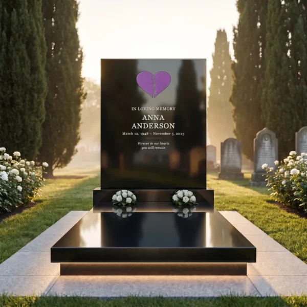 purple split glass heart for a headstone set in a black granite headstone