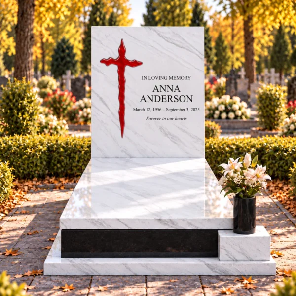 red irregular glass cross bonded into the tablet of a white stone headstone beside the inscription, front view