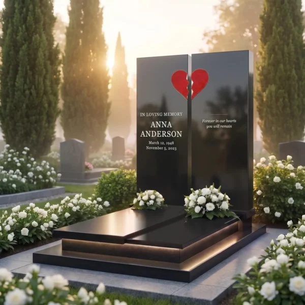 red split glass heart for a headstone on a two-tablet headstone, angled view