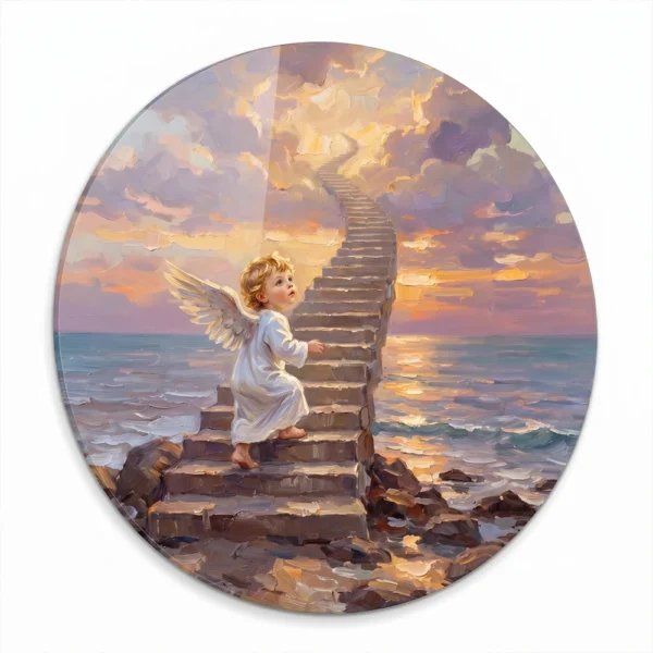 Round decorative panel for a child’s grave with an angel climbing the stairs to heaven over the sea at sunset