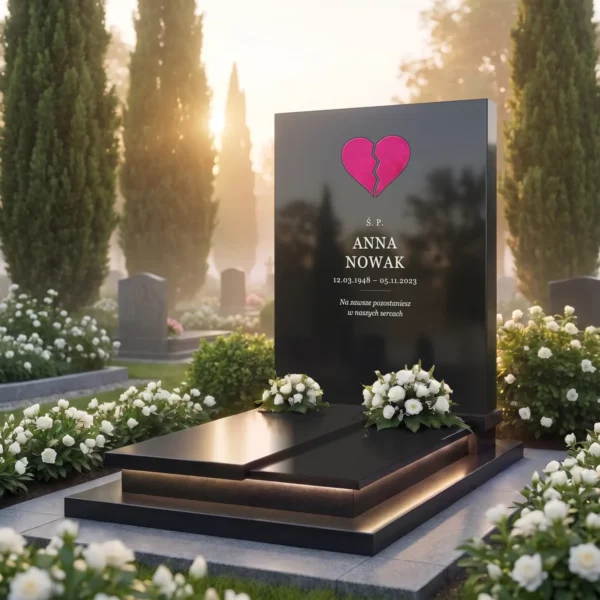 różowe szklane serce łamane osadzone w płycie pomnika z czarnego granitu, widok pod kątem