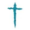 speckled turquoise irregular glass cross for a headstone in slightly translucent kiln-fused glass, with dark speckles and wavy edges
