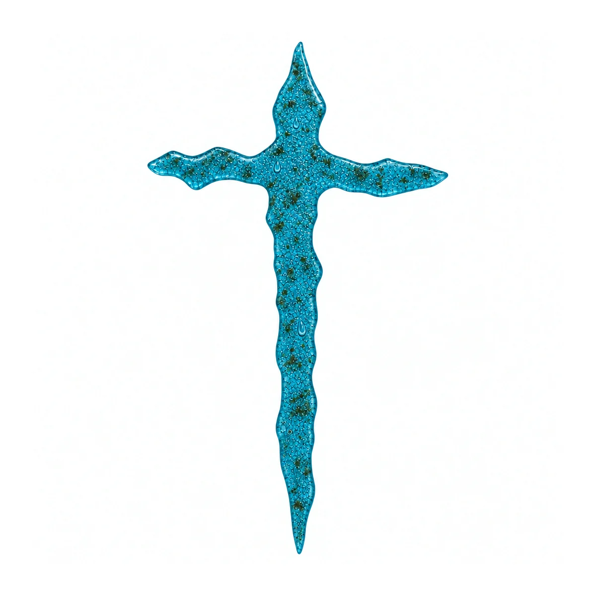 speckled turquoise irregular glass cross for a headstone in slightly translucent kiln-fused glass, with dark speckles and wavy edges