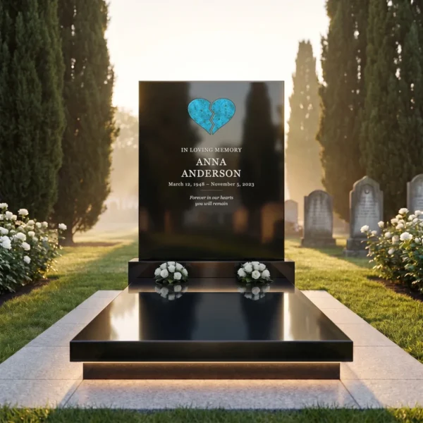 speckled turquoise split glass heart for a headstone set in a black granite headstone