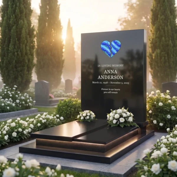 split glass heart with blue stripes for a headstone set in a black granite headstone, angled view