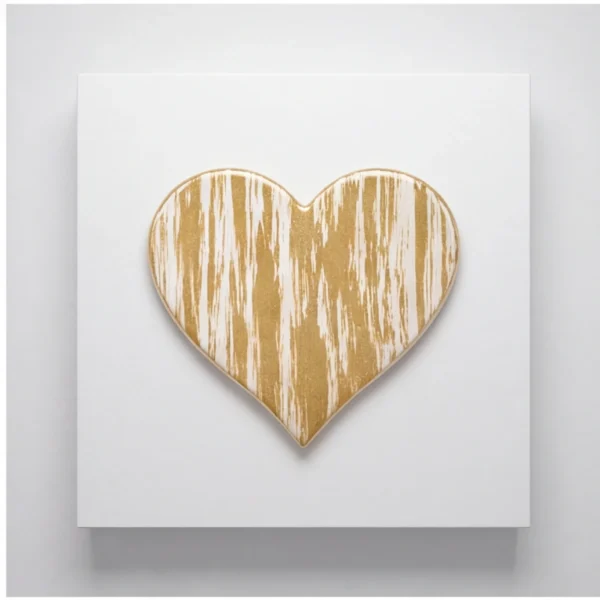 streaked gold glass heart for a headstone, on a light slab