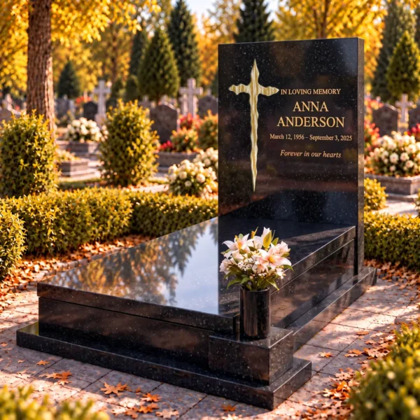 streaked gold irregular glass cross bonded into the tablet of a black granite headstone beside the gold inscription, view from the right
