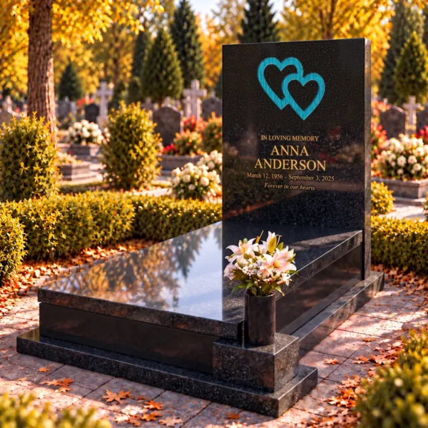 streaked turquoise interlocking glass hearts set into the stone tablet of a headstone, view from the right