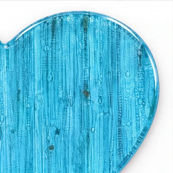 streaked turquoise transparent glass heart for a headstone, close-up of the edge