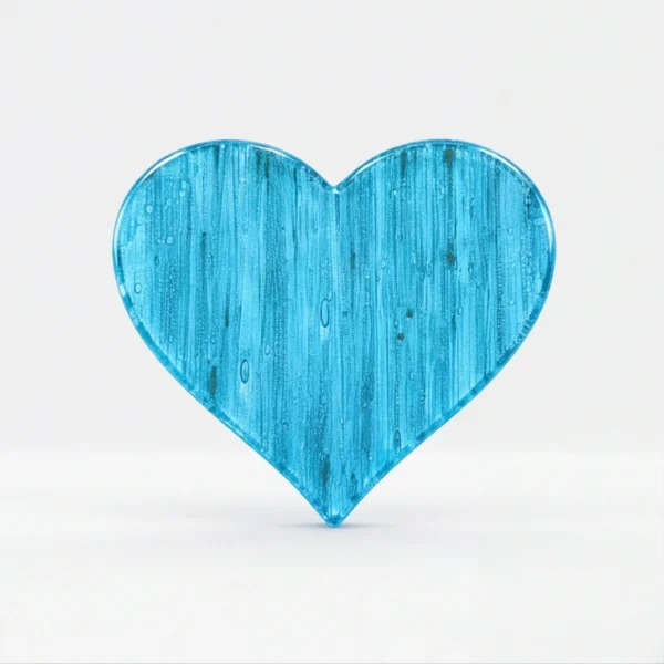streaked turquoise transparent glass heart for a headstone, on a light background