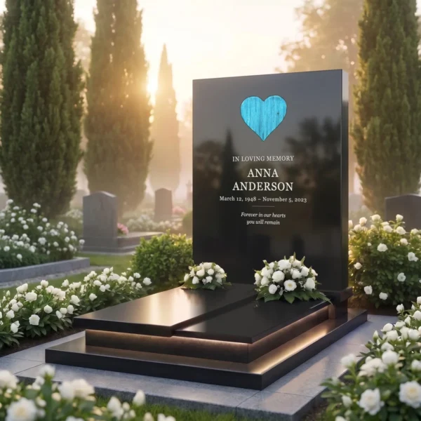 streaked turquoise transparent glass heart for a headstone set in a black granite headstone, angled view