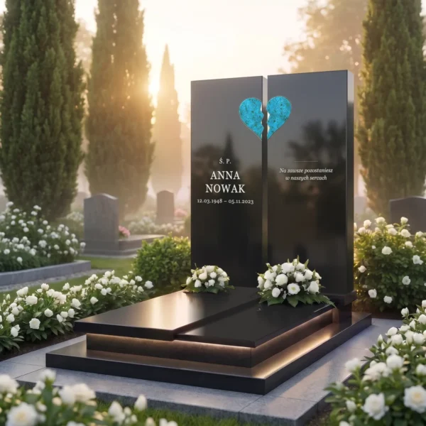 szklane serce łamane turkusowe nakrapiane na pomniku z dwóch płyt z czarnego granitu, widok pod kątem