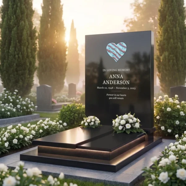 transparent glass heart with burgundy stripes for a headstone set in a black granite headstone, angled view