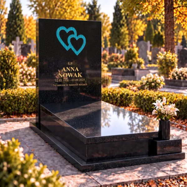 turkusowe szklane serca zespolone ze smugami wklejone w kamienną płytę pomnika, widok z lewej