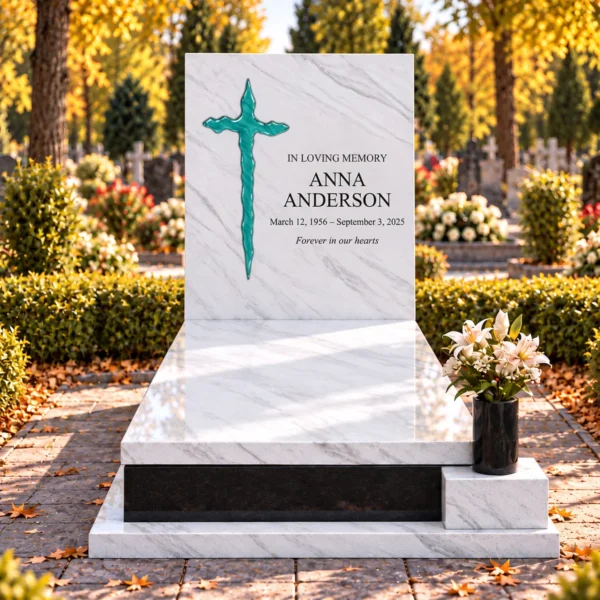 turquoise irregular glass cross bonded into the tablet of a white stone headstone beside the inscription, front view