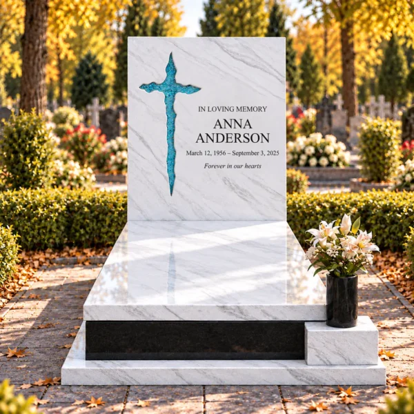 streaked turquoise irregular glass cross bonded into the tablet of a white stone headstone beside the inscription, front view