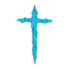 streaked turquoise irregular glass cross for a headstone in slightly translucent kiln-fused glass, with darker streaks and wavy edges