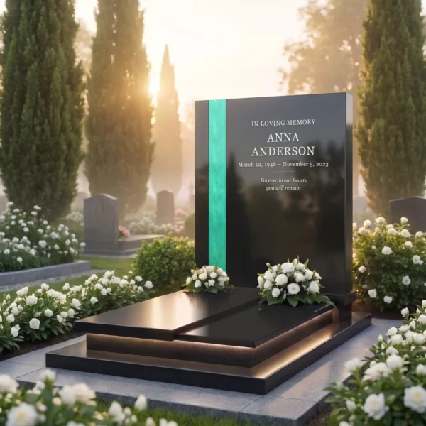 turquoise transparent glass strip for a headstone on a black granite headstone, angled view
