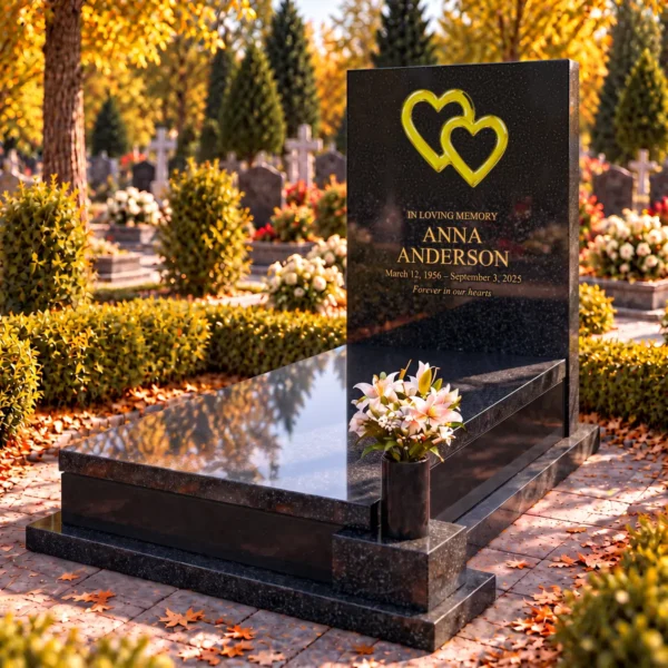 yellow interlocking glass hearts set into the stone tablet of a headstone, view from the right