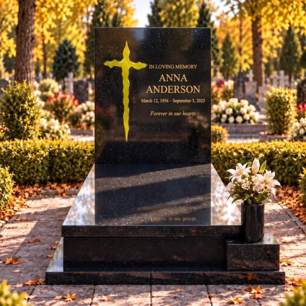 yellow irregular glass cross bonded into the tablet of a black granite headstone beside the gold inscription, front view