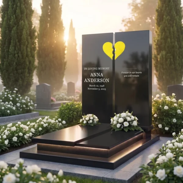 yellow split glass heart for a headstone on a two-tablet headstone, angled view