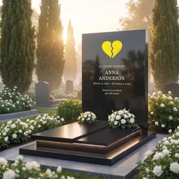 yellow split glass heart for a headstone set in a black granite headstone, angled view