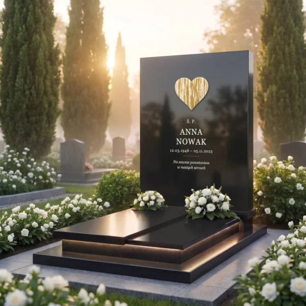 złote szklane serce ze smugami na płycie pomnika z czarnego granitu, widok pod kątem