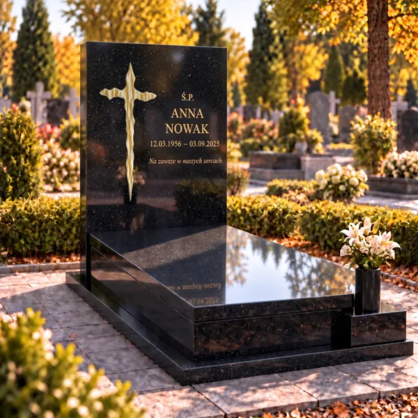złoty szklany krzyż nieregularny ze smugami, wklejony w płytę nagrobka z czarnego granitu obok złotego napisu, widok z lewej