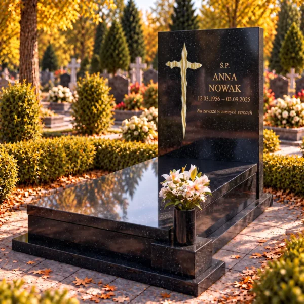 złoty szklany krzyż nieregularny ze smugami, wklejony w płytę nagrobka z czarnego granitu obok złotego napisu, widok z prawej