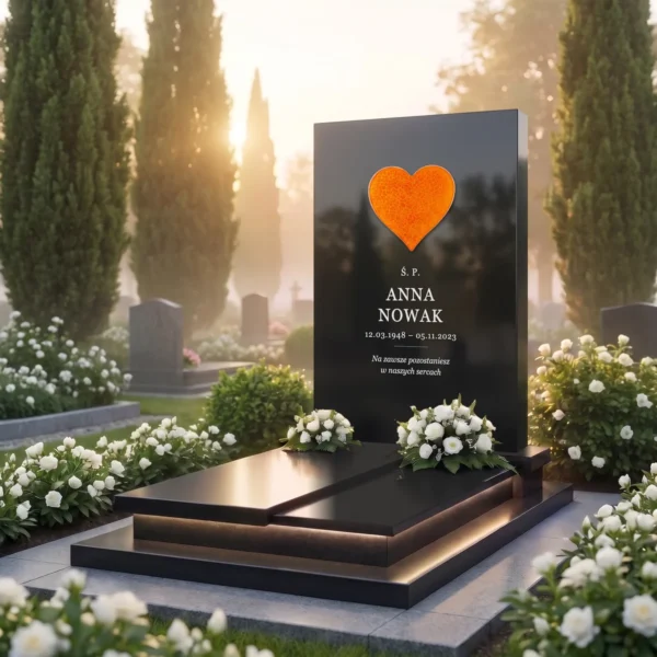 żółte szklane serce na czarnym granitowym pomniku, widok pod kątem